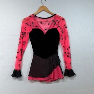 Jerrys Figure Skating Dress Neon Pink Floral Mesh Velvet Child S P Adult S P